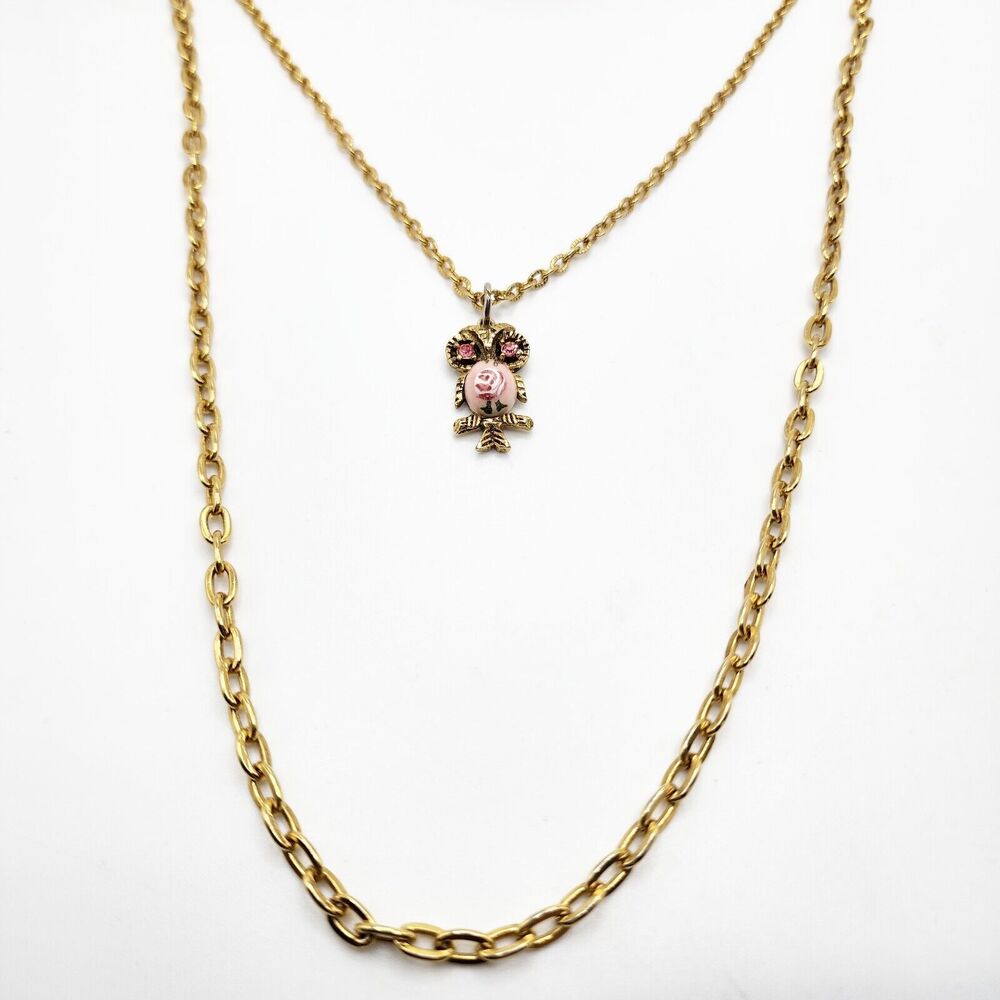 Vintage Owl Pendant Necklace Pink Rose Rhinestones Multi Gold Tone Chains 20-28"